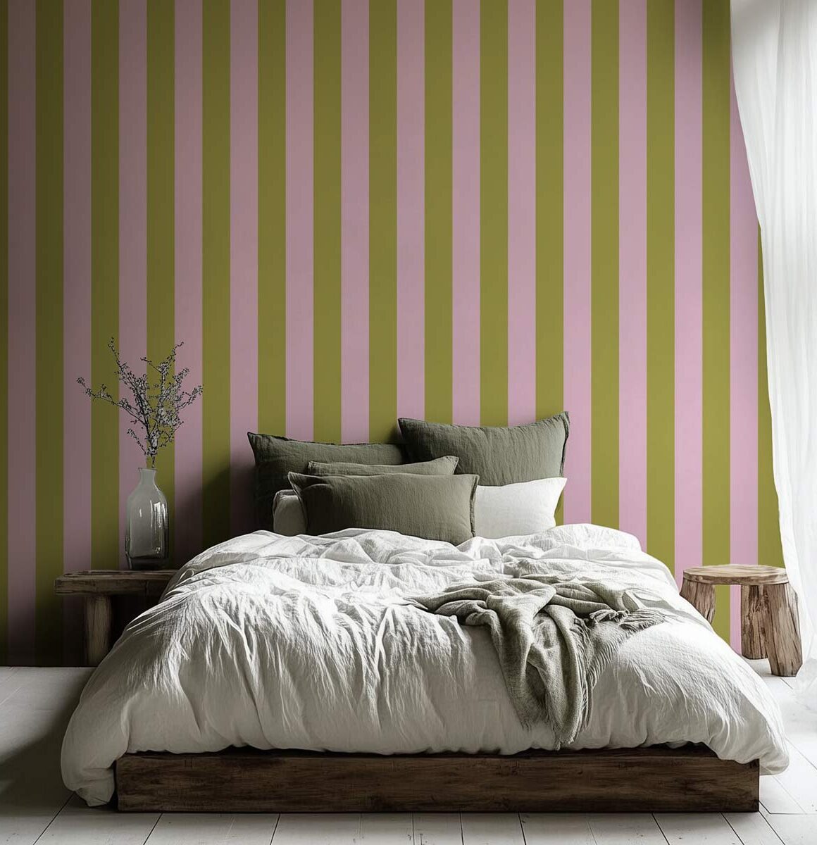 Papier peint rayures vertes pistache et rose poudré