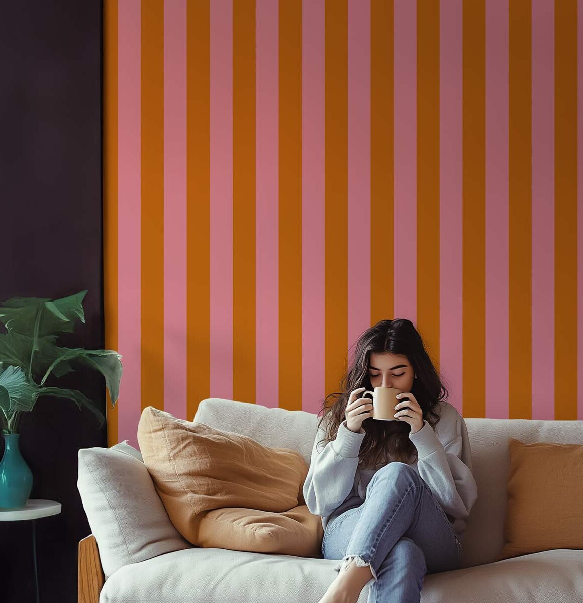 Décoration murale salon rayures orange et rose