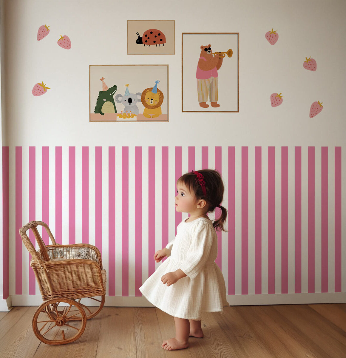 Papier peint chambre fille rayures Rose et Blanc
