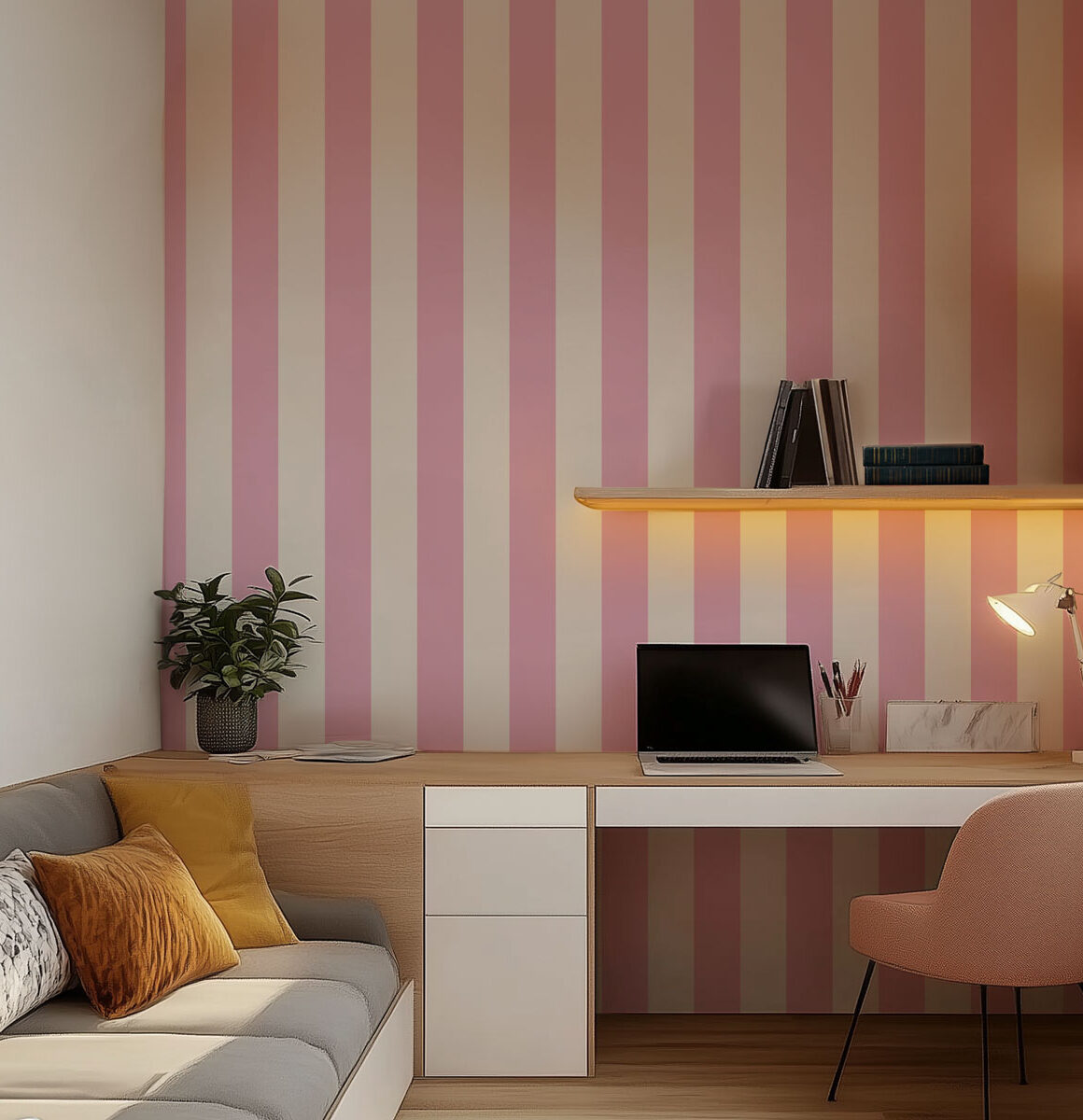 Papier peint tendance rayures blanc cassé et rose