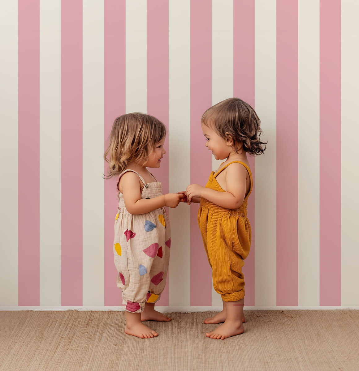 Papier peint chambre enfant à rayures Rose et beige
