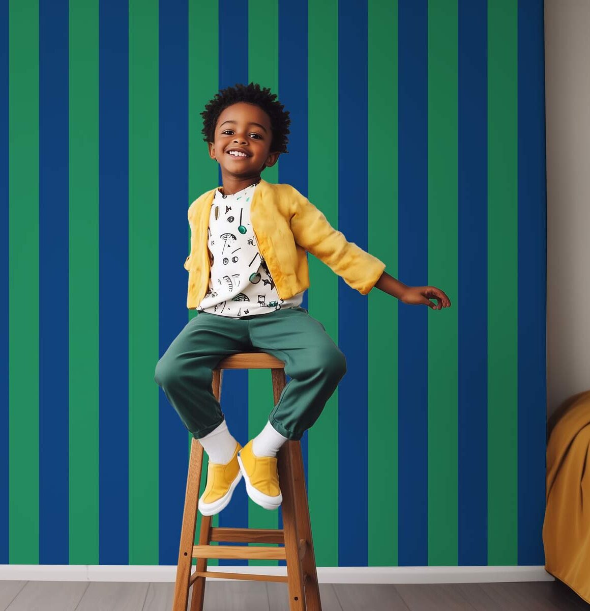Papier peint enfant rayures vertes et bleues