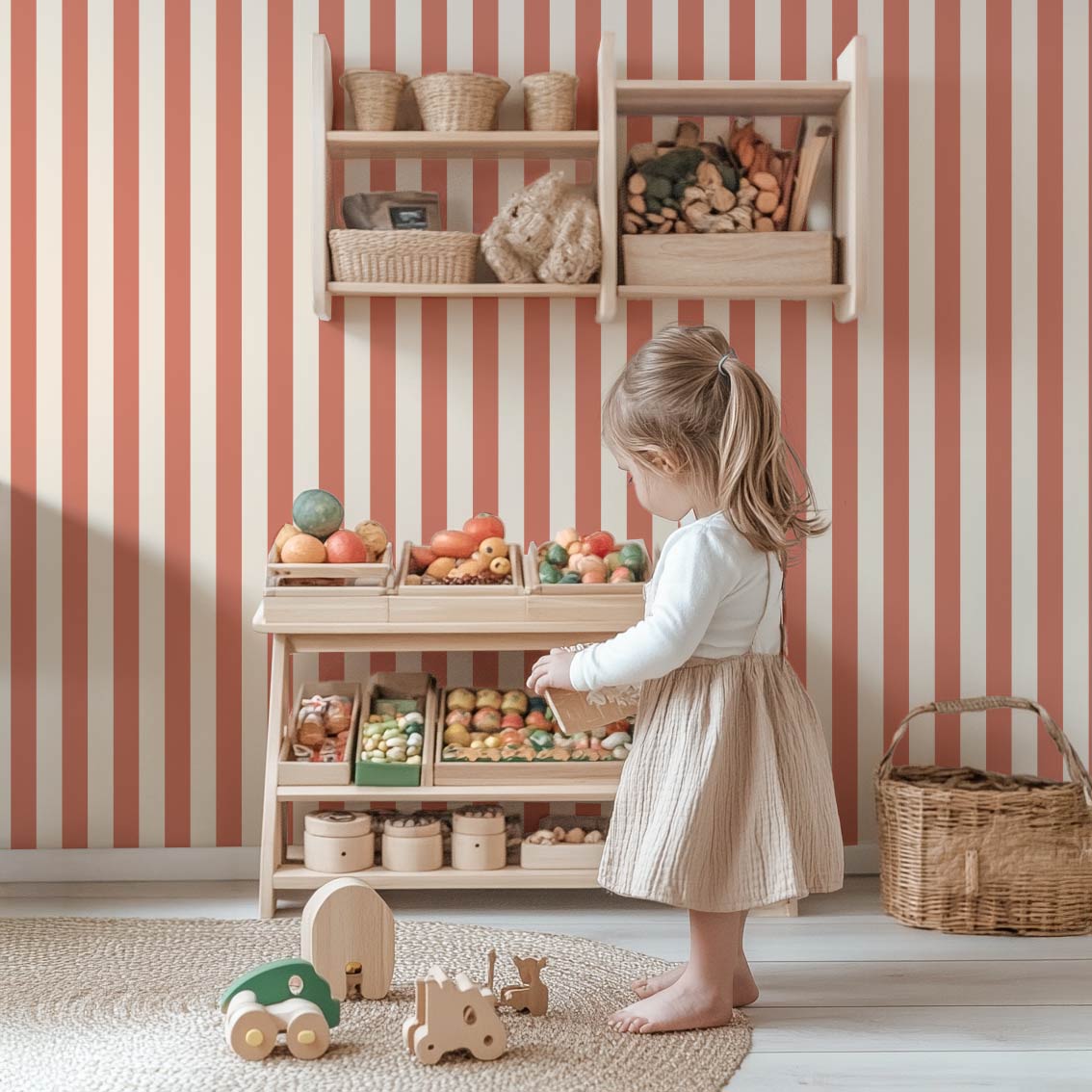 Papier peint rayures rose saumon et beige
