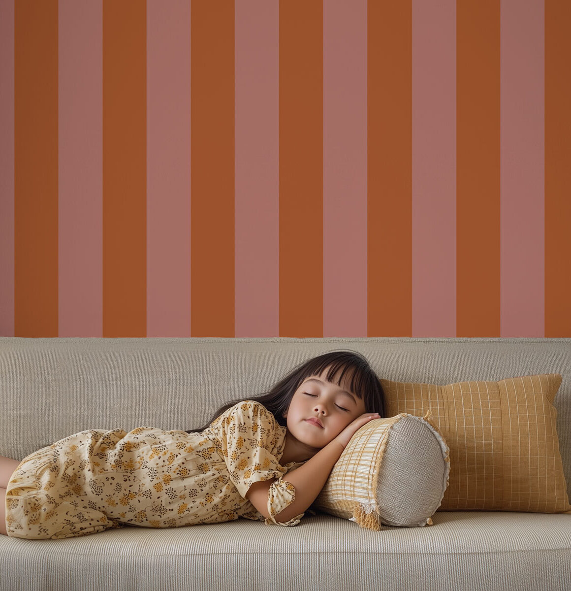 Papier peint chambre enfant rayures orange et rose