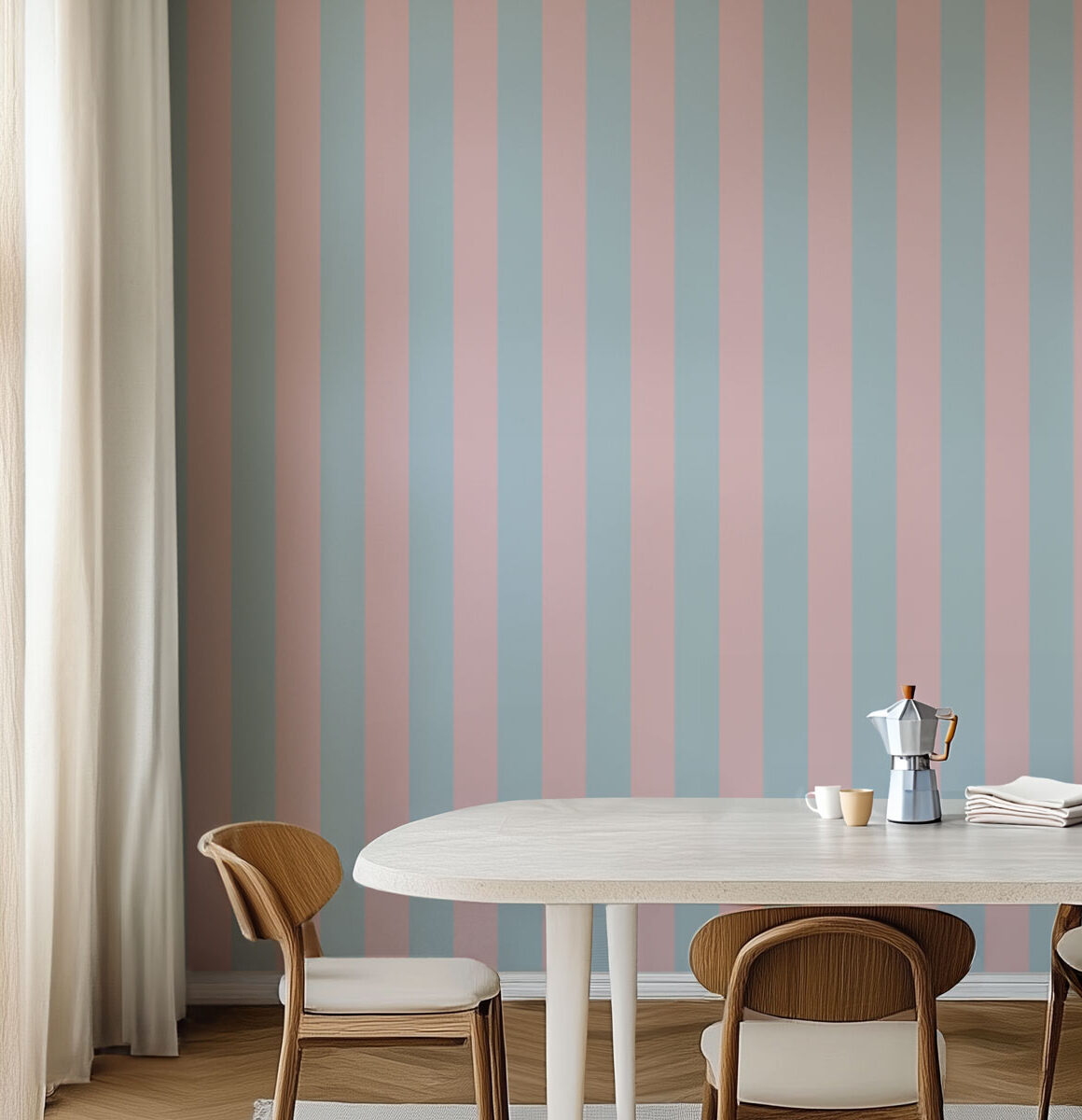 papier peint rayures rose clair et bleu pastel
