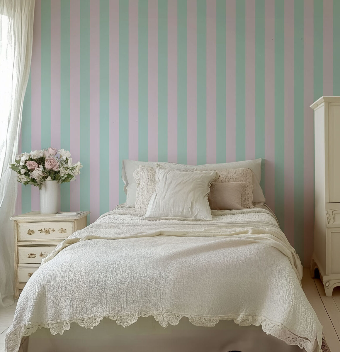 chambre ado papier peint rayures turquoise et lilas