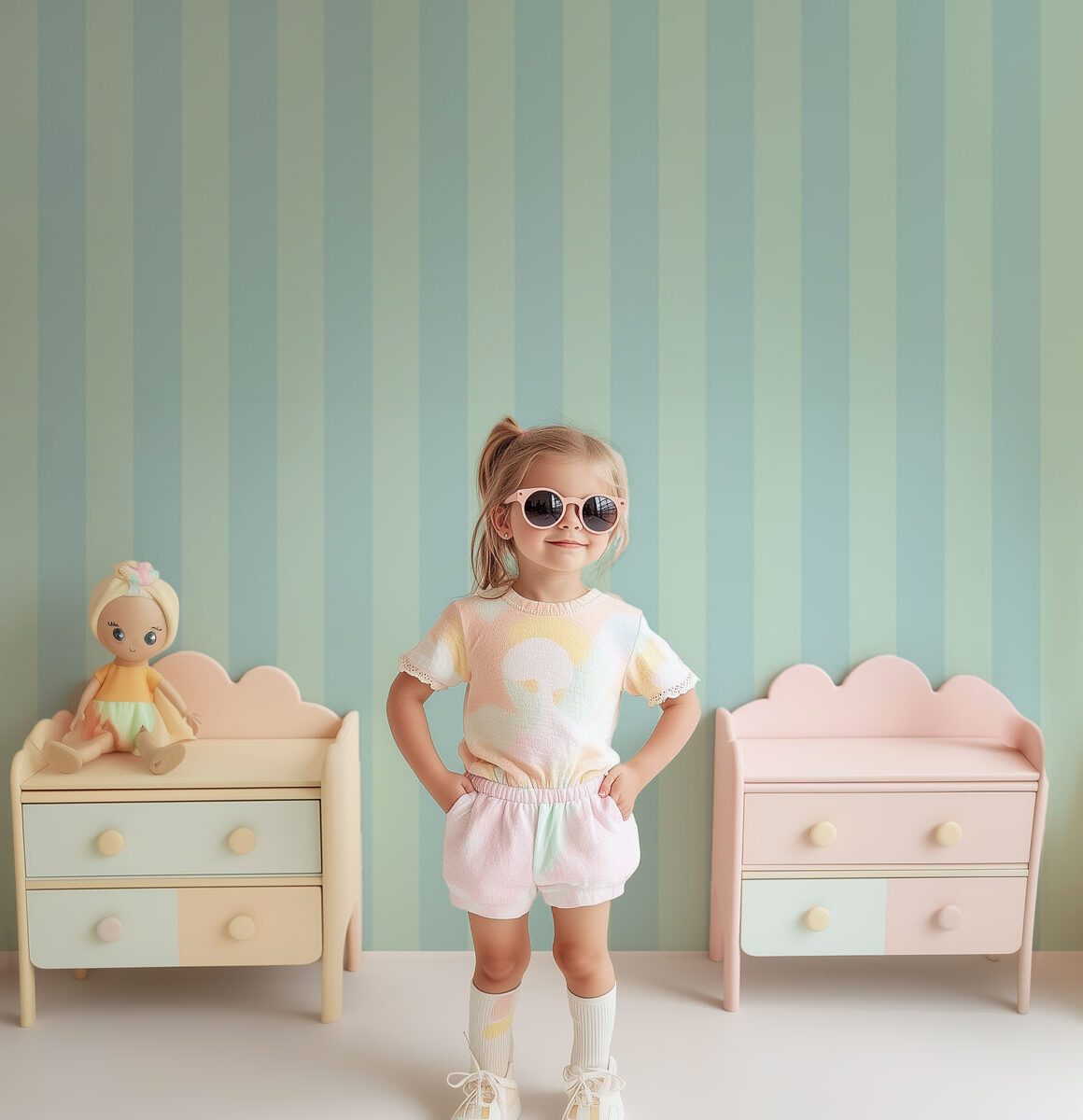 papier peint enfant rayures vert