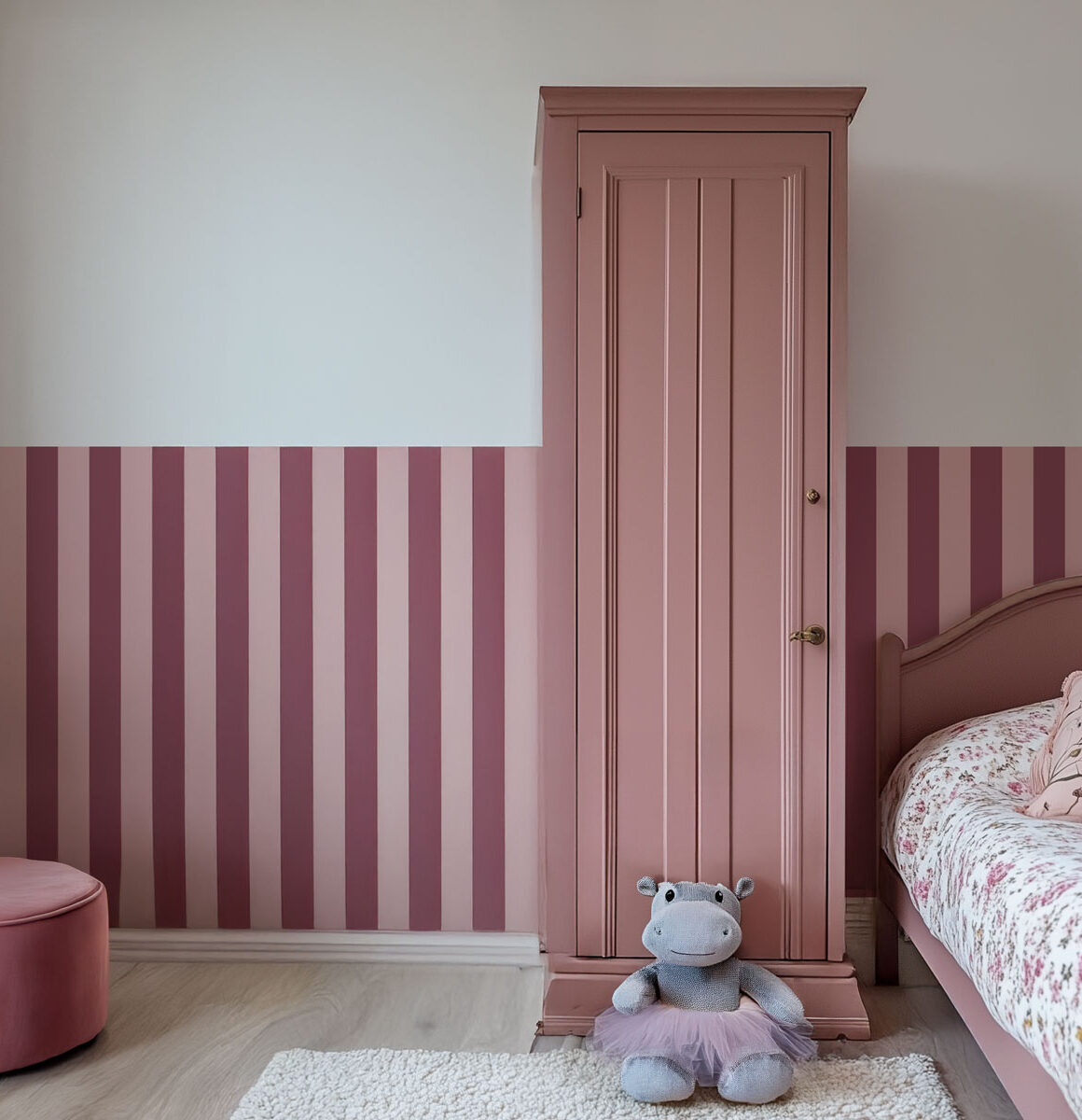 Papier peint fille rayures prune et rose poudré