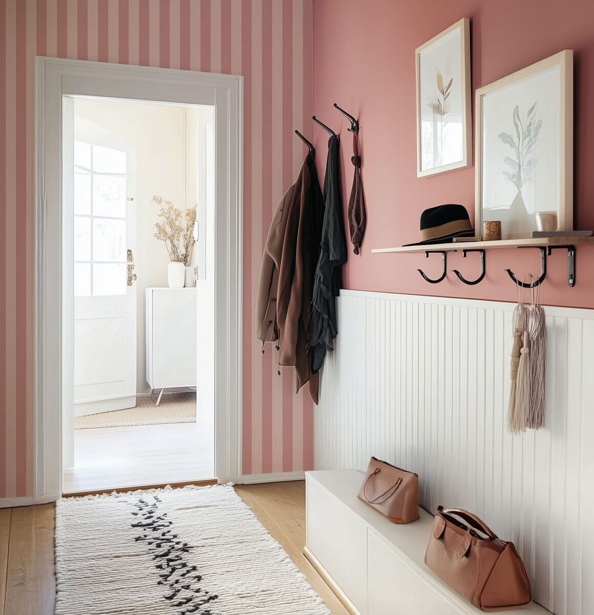 Tapisserie à rayures beige foncé et vieux rose