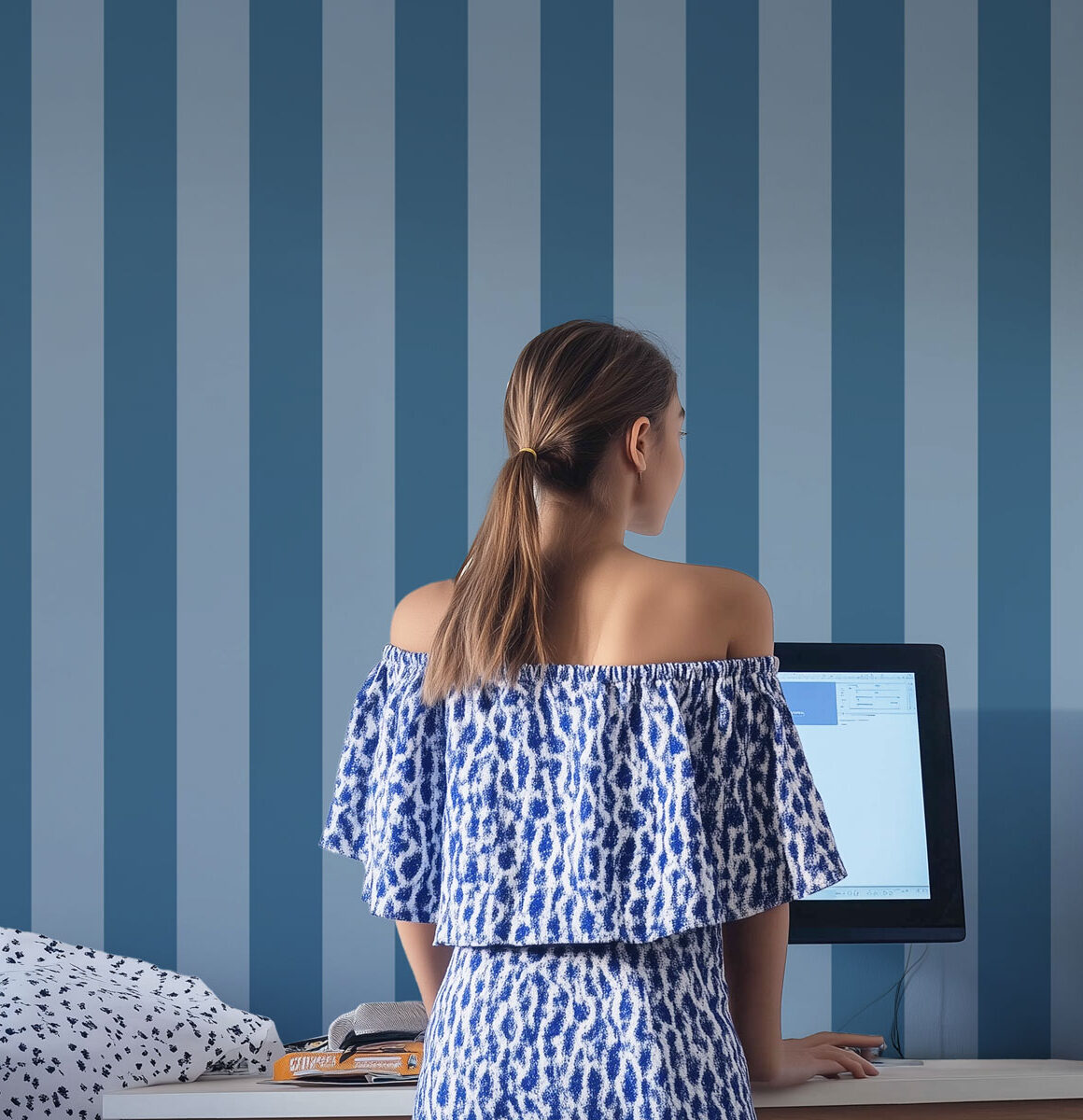 Papier peint rayures bleues chambre ado