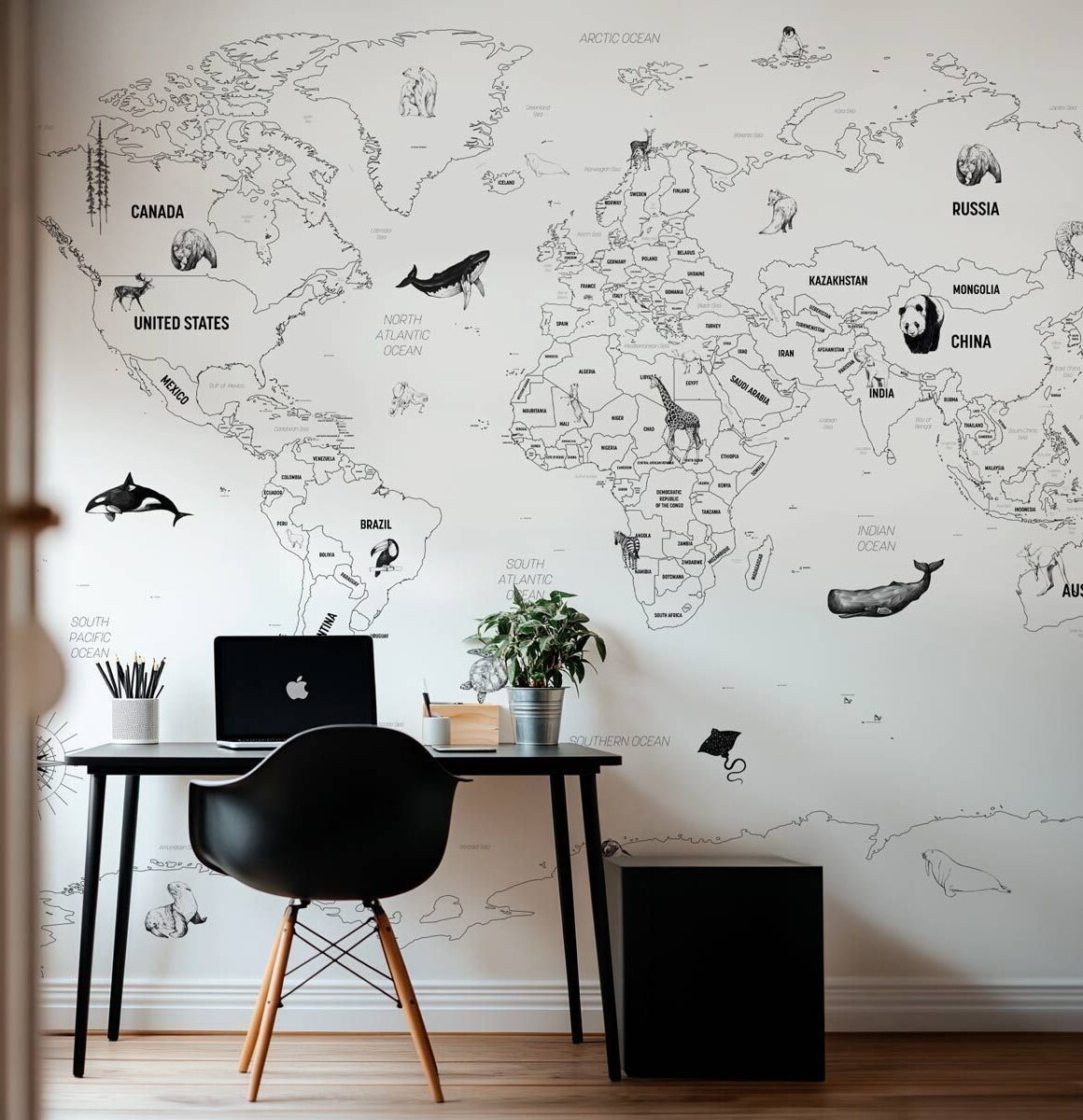 Papier-peint-Carte-du-monde-noir-et-blanc