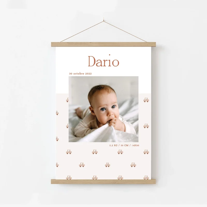Baby birth announcement poster with a photo and toy cars