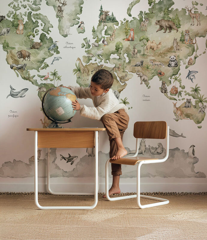 Children's World Map Wallpaper with Animals