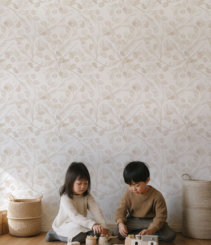 Beige leaf-patterned wallpaper