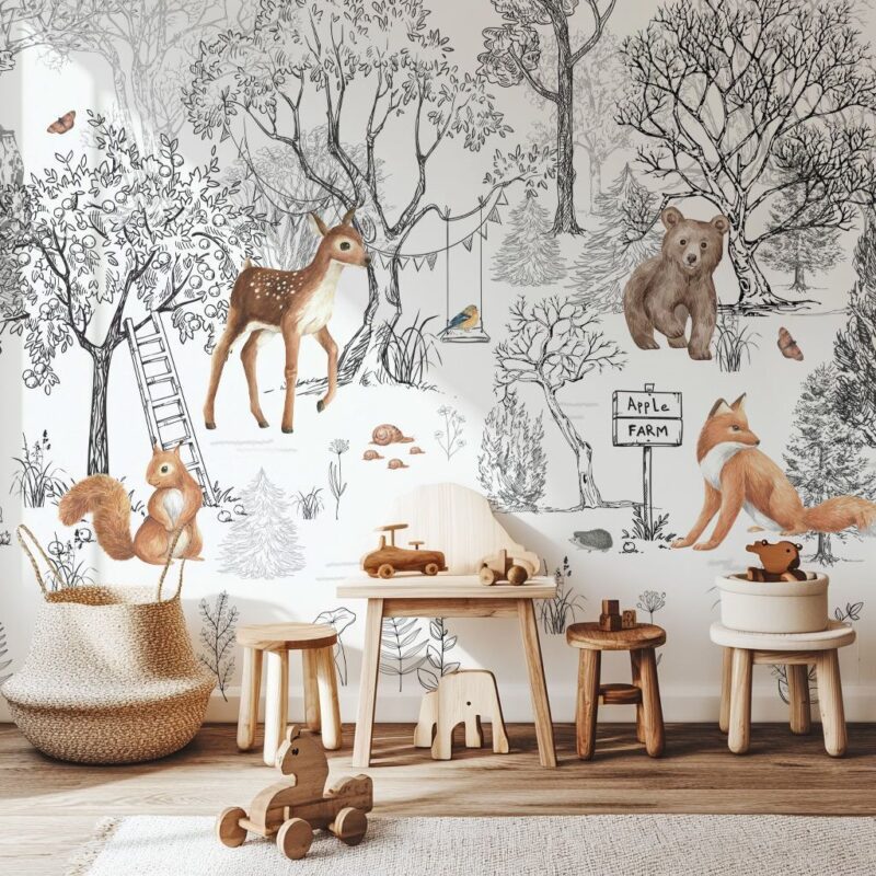 papier-peint-forêt-noir-et-blanc