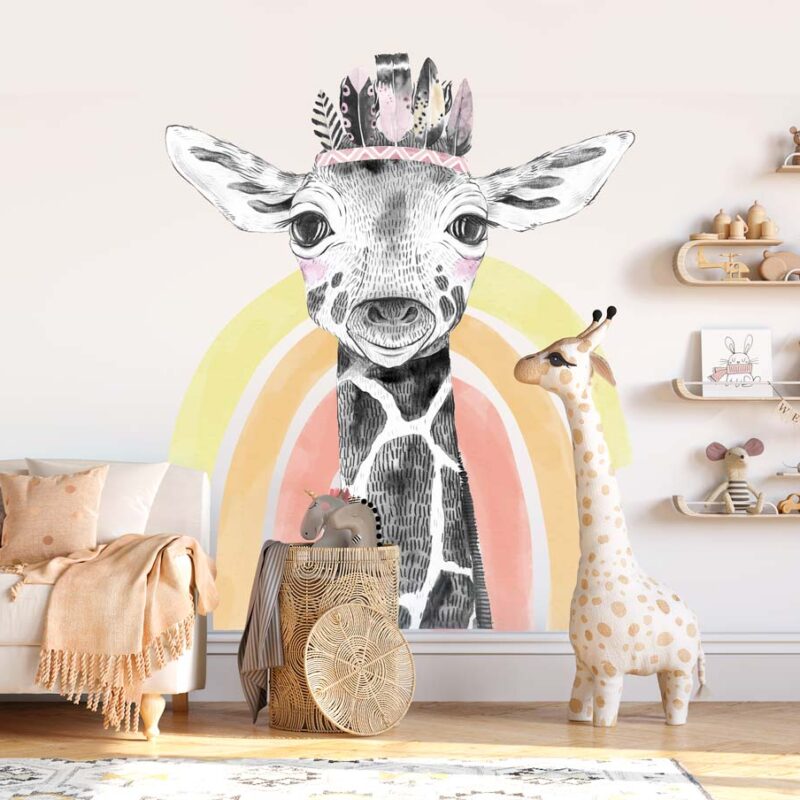 papier-peint-girafe-arc-en-ciel